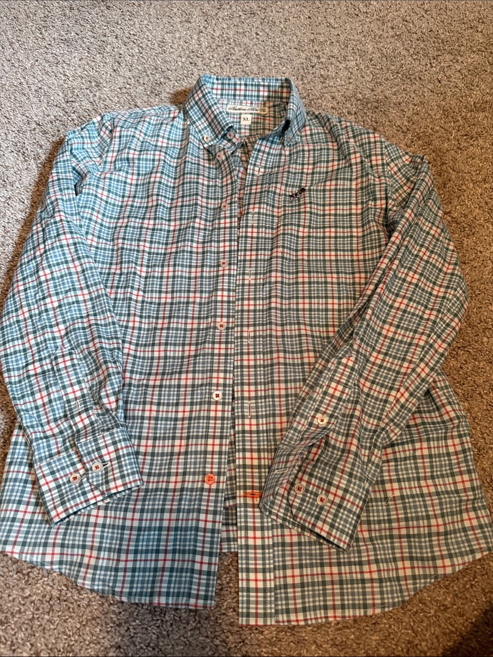 Boys Plaid Button-Down Shirt in Green and Red